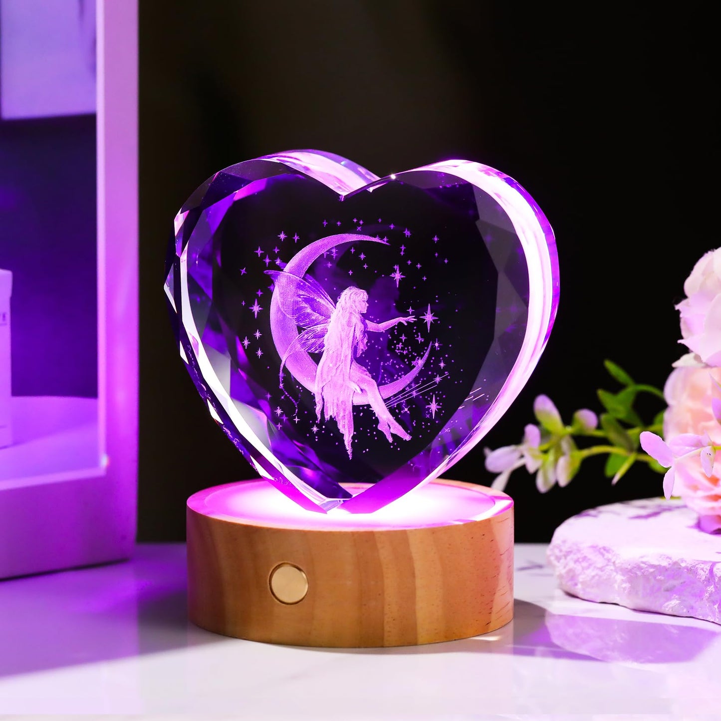 Arikyrist 3D Moon Fairy Figurines Crystal Heart for Women with Wooden Light Base - Glass Statue Witchy Gift for Girls Fairy Lovers Women Collectible Tinkerbell Night Light Home Decor