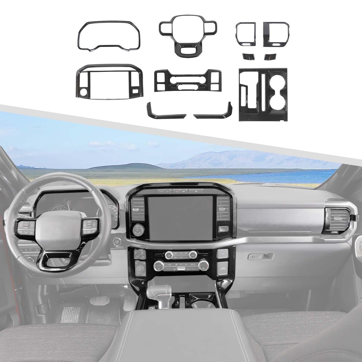 Jimen Compatible with Ford F150 2021-2024, 11PCS Interior Trim Kits - Navigation Panel, Dashboard Cover, Air Vent Trim, Gear Shift Frame (Carbon Fiber)