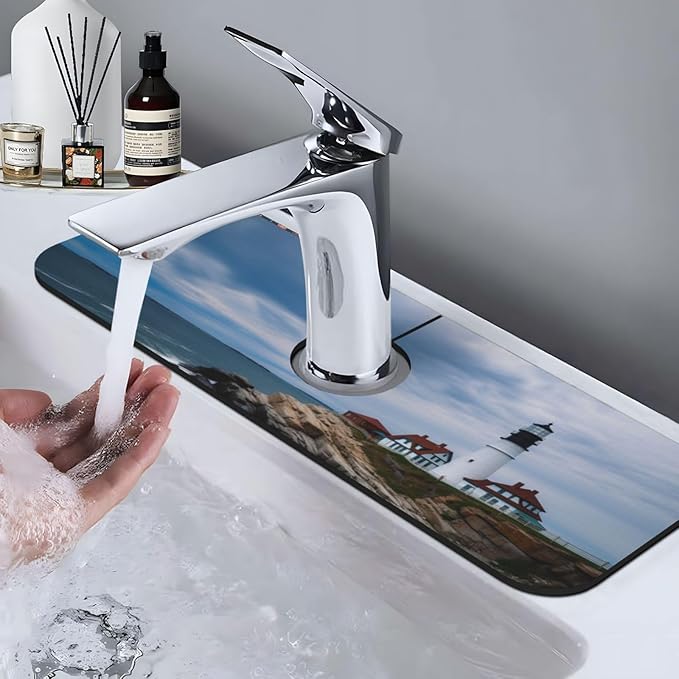Kitchen Sink Splash Guard Faucet Mat Lighthouse Beach Sky 15"x5.5", Diatom Mat