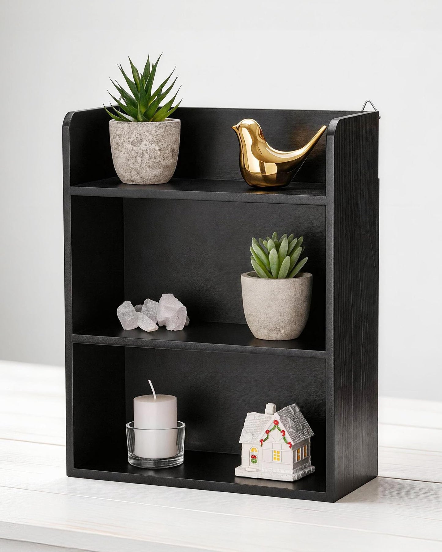 Bahhatii 3-Tier Trinket Shelf, 10" x 12" Small Display Shelf for Desk or Wall, Wooden Knick-Knack Shelves for Collectibles, Perfume & Crystal Storage, Black