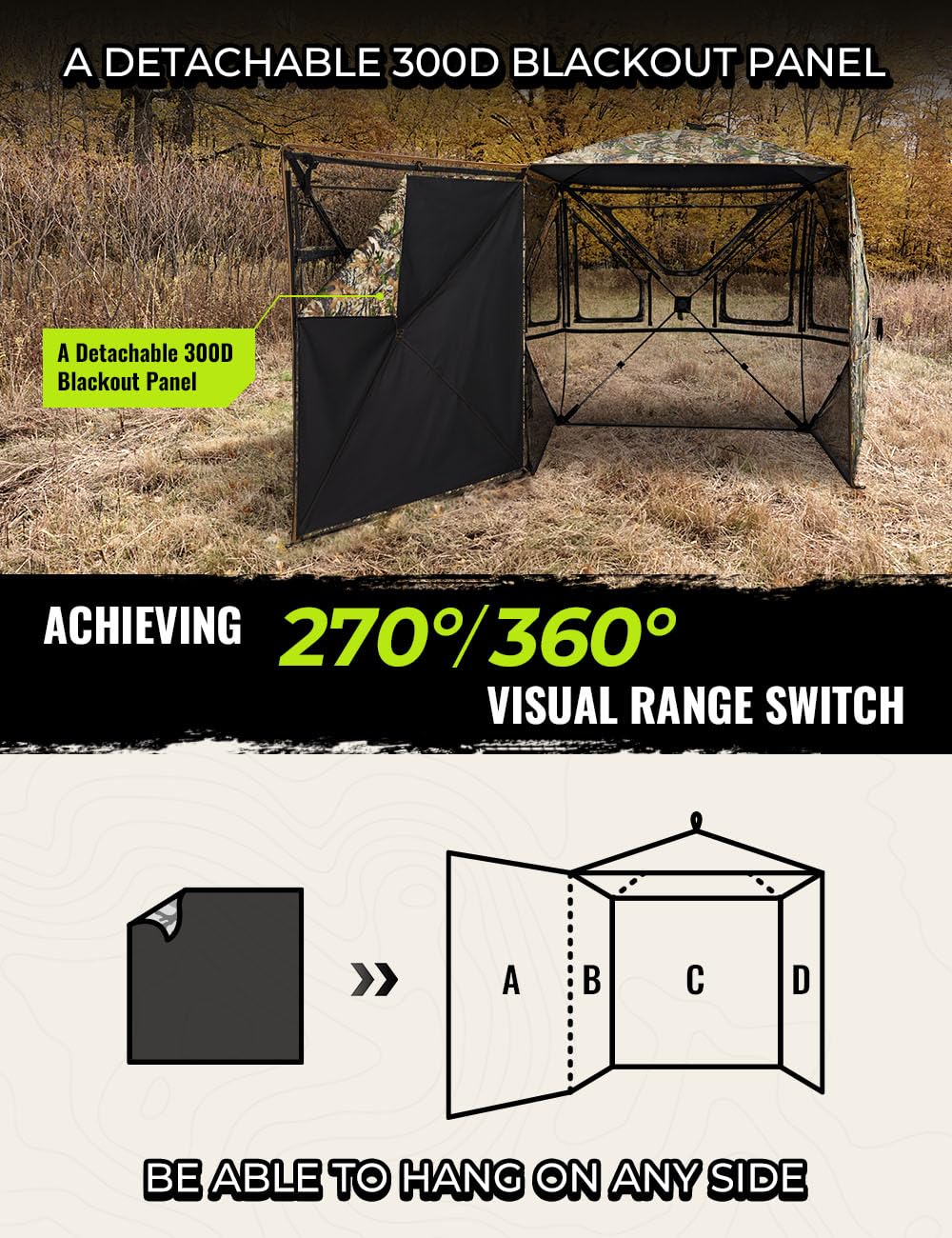 TIDEWE Hunting Blind 360°See Through with Large Open Door, Pop Up Ground Blind with Removable Curtain & Carrying Bag, Portable Resilient Tent(Forest Fade Camo, 2-3 Person, 4-Sided Swing Door)