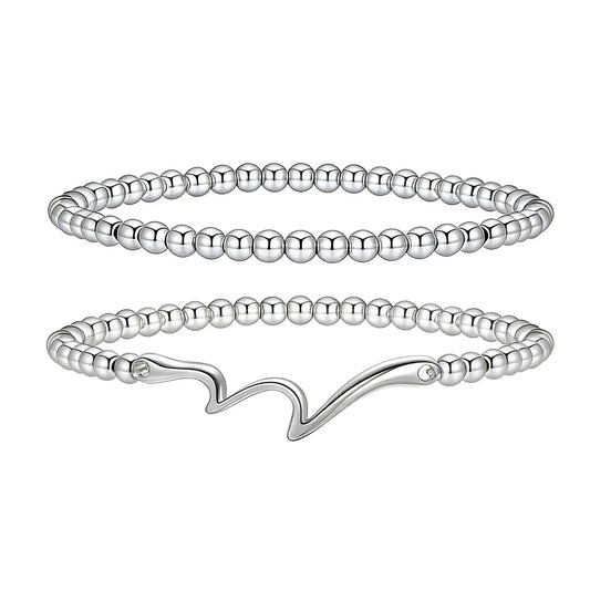 Jsuospmy Silver Beaded Bracelets for Women 14K Silver Wave Bracelet Handmade Stackable Bracelets for Women Trendy Non Tarnish Bracelet Jewelry Gift for Womens 2Pcs (10.Wave+Beaded (Silver))