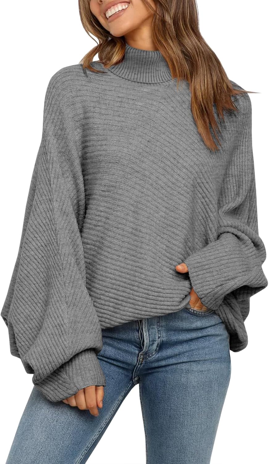 Mafulus Women's Oversized Crewneck Sweater Batwing Puff Long Sleeve Cable Slouchy Pullover Jumper Tops