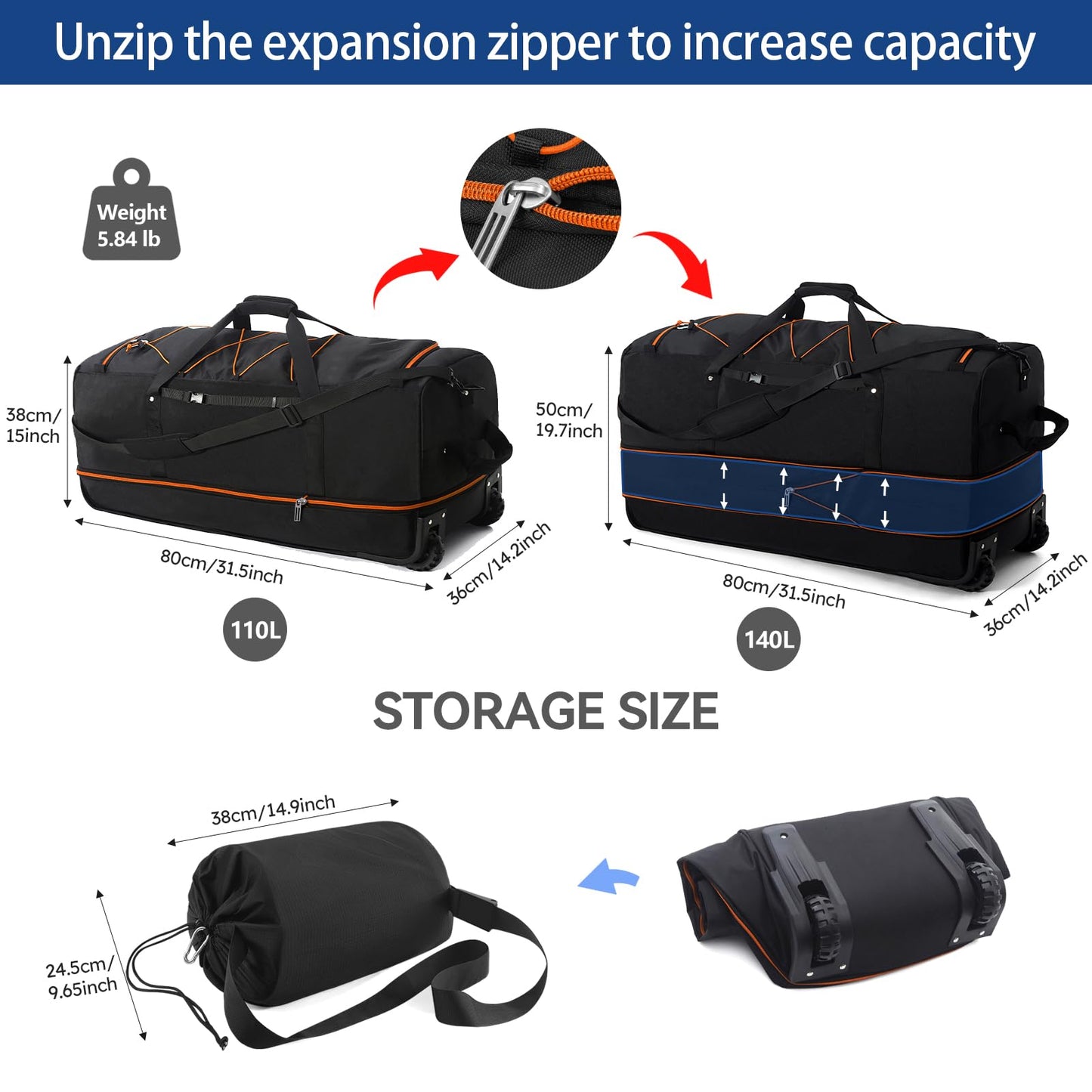 Vrtisa 110L Expandable to 140L 32” Foldable Oxford Soft-Sided Rolling Duffle Bag with 2 Heavy-Duty Wheels,2 Large Compartments,Adjustable Shoulder Strap and Attached Organizer Pouch,Black Orange