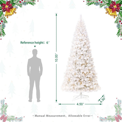 Glitzhome 10ft Pre-Lit Slim Artificial Christmas Tree, Aspen Frostfall Pine Hinged Holiday Xmas Tree with Foldable Metal Stand, 800 Warm White Lights, Ideal for Home, Office, Party Decoration