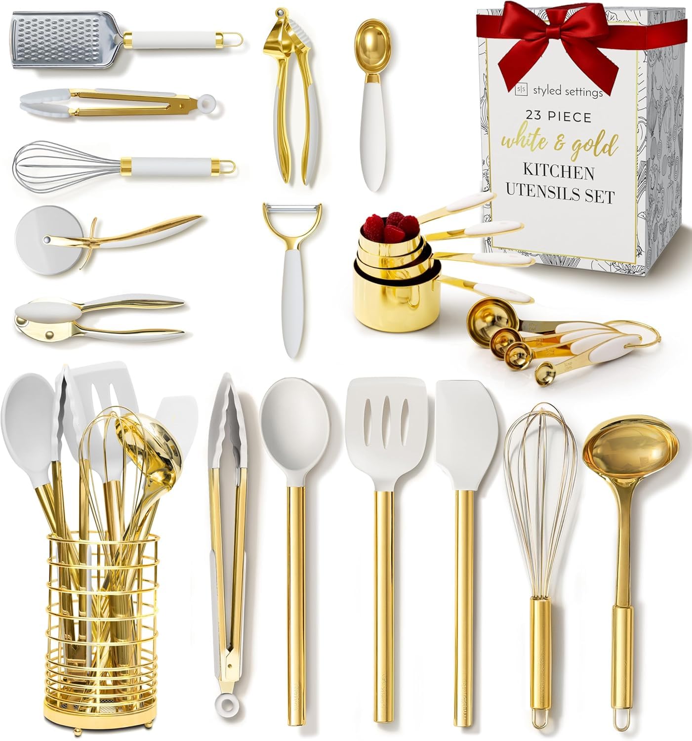 White & Gold Cooking Utensils Set - Luxe 8-Piece Kitchen Gadget Set Includes Can Opener, Tongs and Garlic Press - Stylish White and Gold Kitchen Accessories for Modern Kitchens, Ideal for Gifting