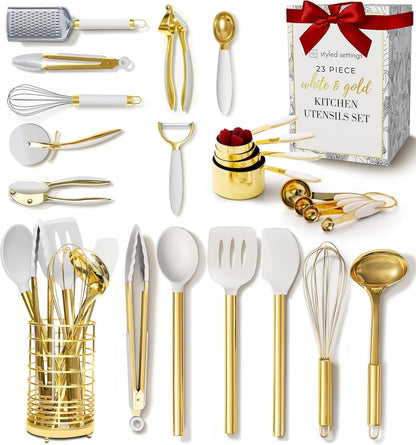 White & Gold Cooking Utensils Set - Luxe 8-Piece Kitchen Gadget Set Includes Can Opener, Tongs and Garlic Press - Stylish White and Gold Kitchen Accessories for Modern Kitchens, Ideal for Gifting