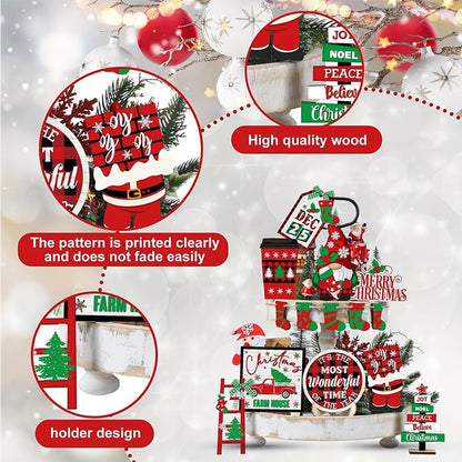FRANDEK 14Pcs Christmas Tiered Tray Decoration Set, Wooden Winter Holiday Decor with Santa Gnome Sock Designs, Fireplace Mantel Centerpiece Decorations for Home Shelf Fireplace Kitchen Home Party