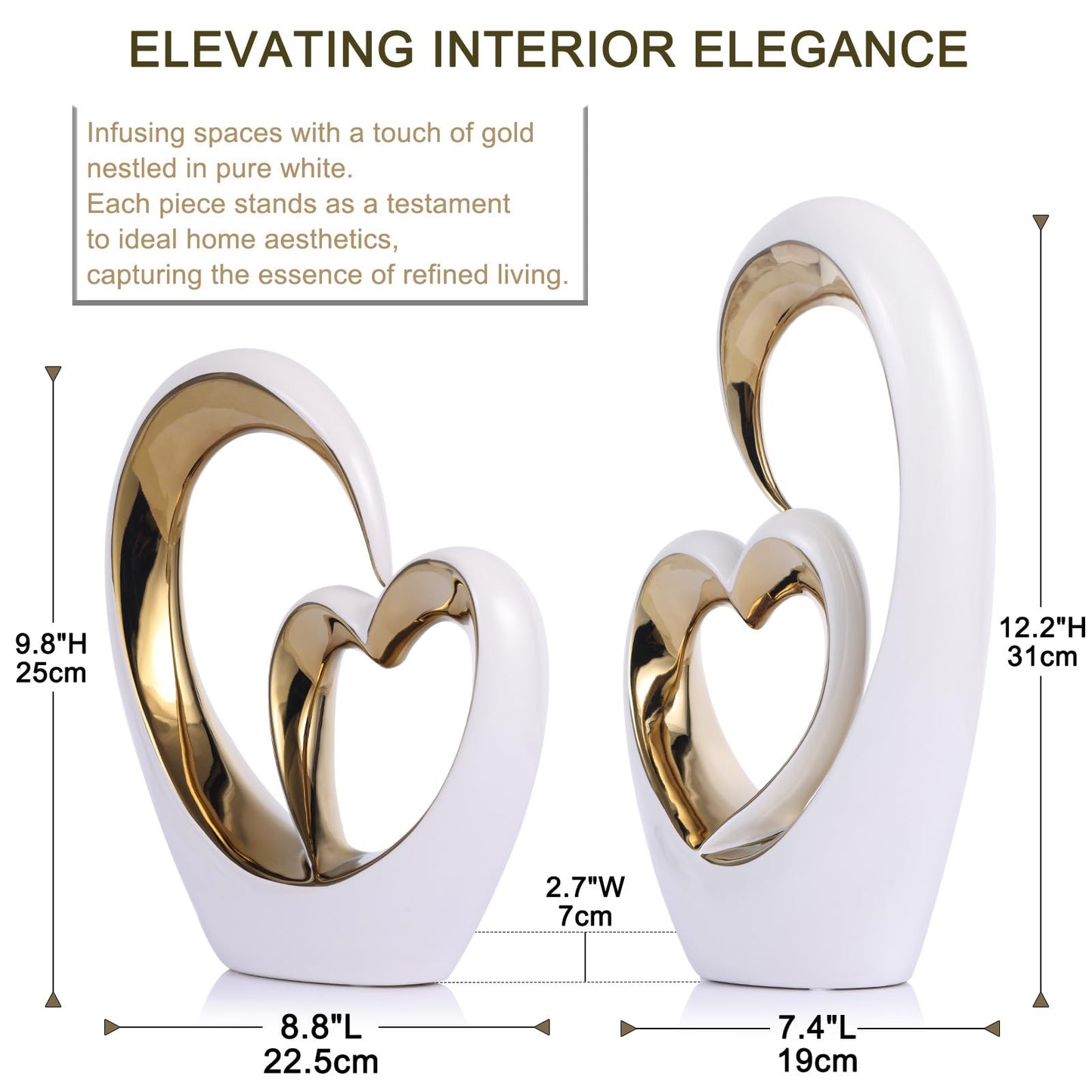 Oliruim White Gold Ceramic Heart Statues - Abstract Home Sculptures for Bedroom, Wedding, Valentine Decor & Gifts for Women