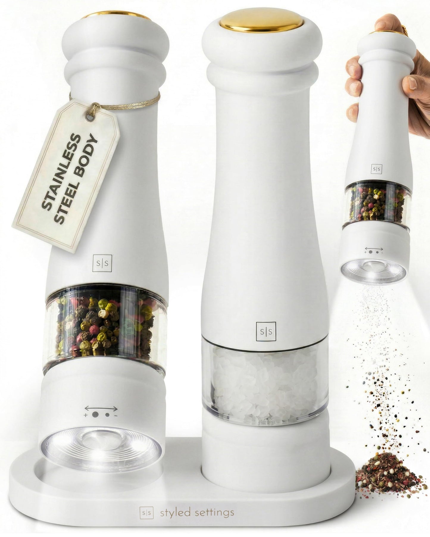 Electric Salt and Pepper Grinder Set - Styled Settings White Electric Salt and Pepper Shakers, Automatic Stainless Steel Set with LED Light, Battery Operated, Adjustable Coarseness, Wood Base