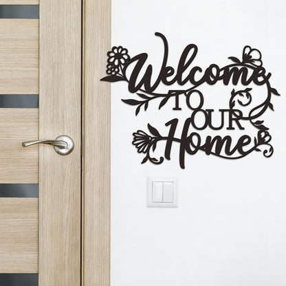 Zzbakress Welcome Sign - Outdoor Metal Wall Decor, Welcome To Our Home Sign Entryway Wall Decor, Text And Flowers Black Metal Wall Art For Living Room, Dining Room, Porch, Entry (Floral)