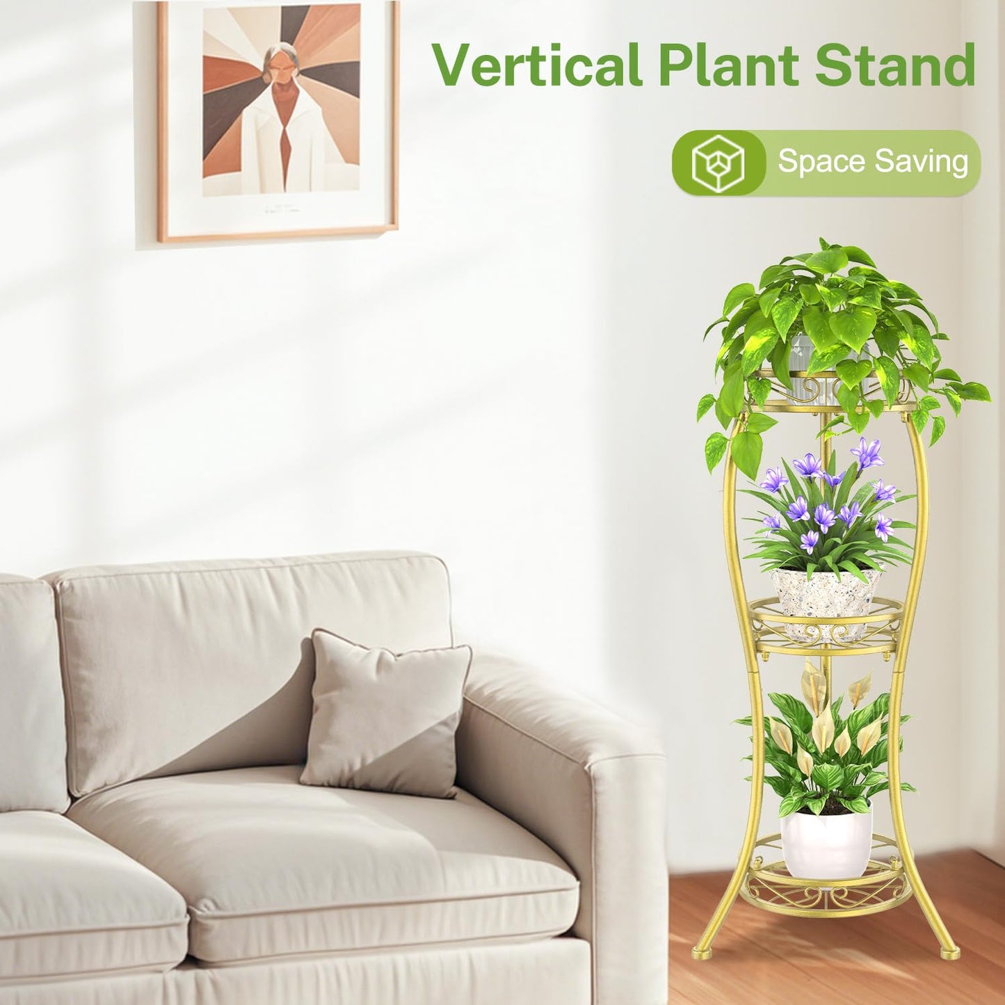 iDavosic.ly 3 Tier Tall Metal Plant Stand Indoor Outdoor, Wrought Iron Corner Flower Pot Holder Shelf, 34 Inch Vertical Display Rack for Patio Porch Living Room Garden, Gold