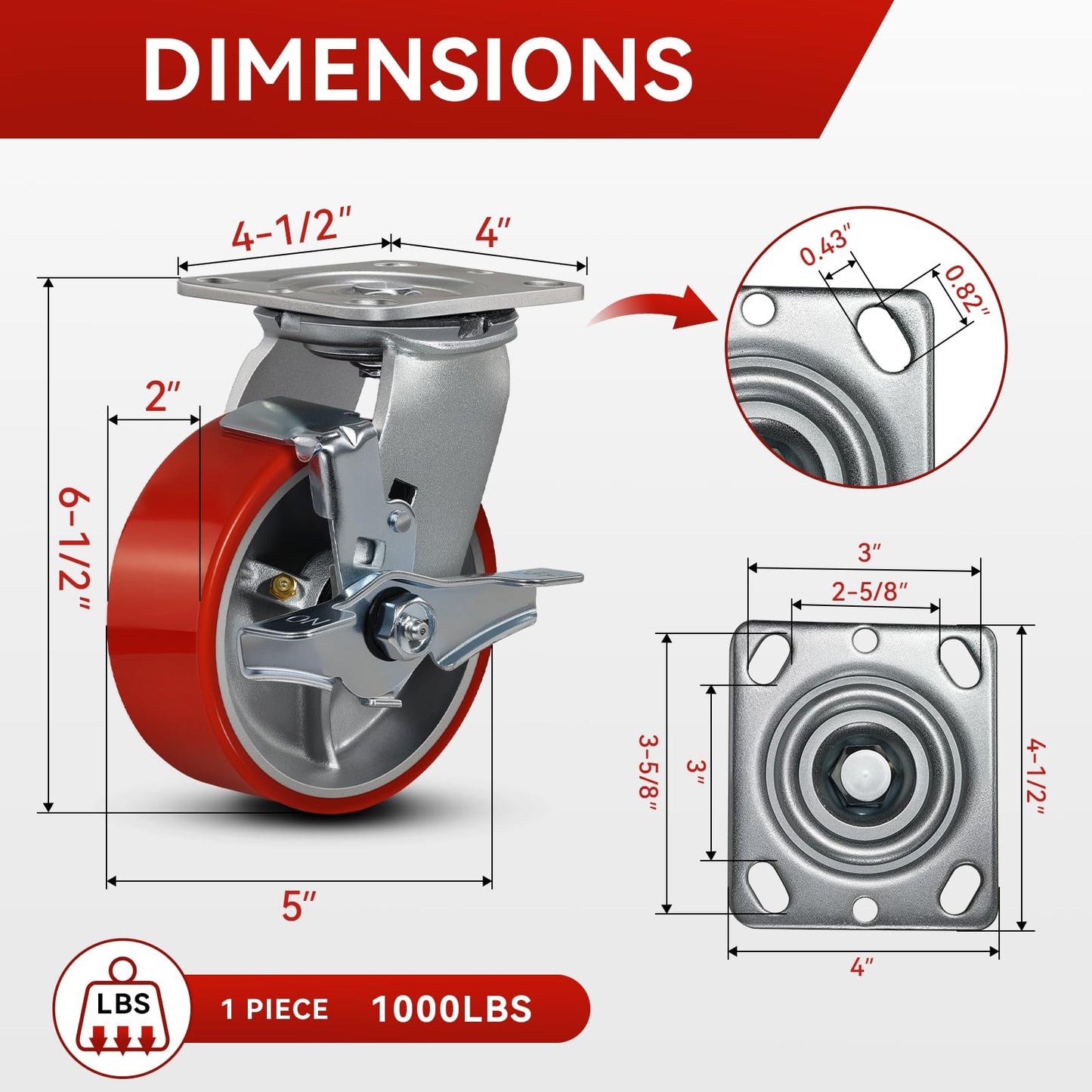 FOVERSWIVE 5"x2" Industrial Casters- Heavy Duty casters,Polyurethane Casters Wheel,Capacity up to 4000 Lb. Use for Platform Truck, U-Boat Cart,Workbenches(4 Brake)