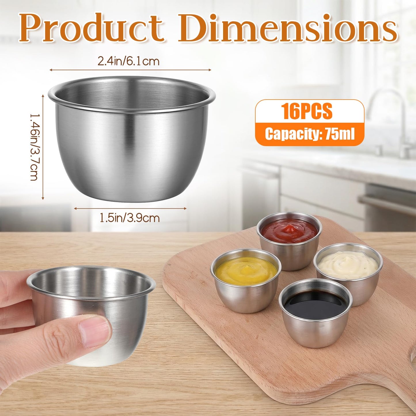 EupHHonycs 16 Pcs Stainless Steel Dipping Sauce Cup Mini Saucers Plates Reusable Metal Condiment Cups Ramekin Sauce Dipping Bowl for Prep Ramekins Kitchen Party Supplies, Silver 2.5 oz/75ml