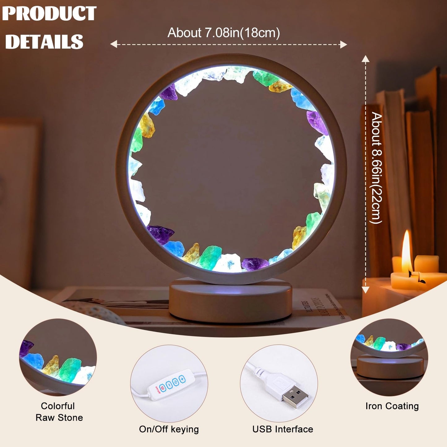 Runyansghi Chroma Gravel Night Lamp 8.6" Natural Healing Crystal Bedside Lamp USB Port 3 Colours Dimming Mode Bedroom Lamp Suitable Night Light for Living Room Bedroom Office Home Decor Ideal Gift