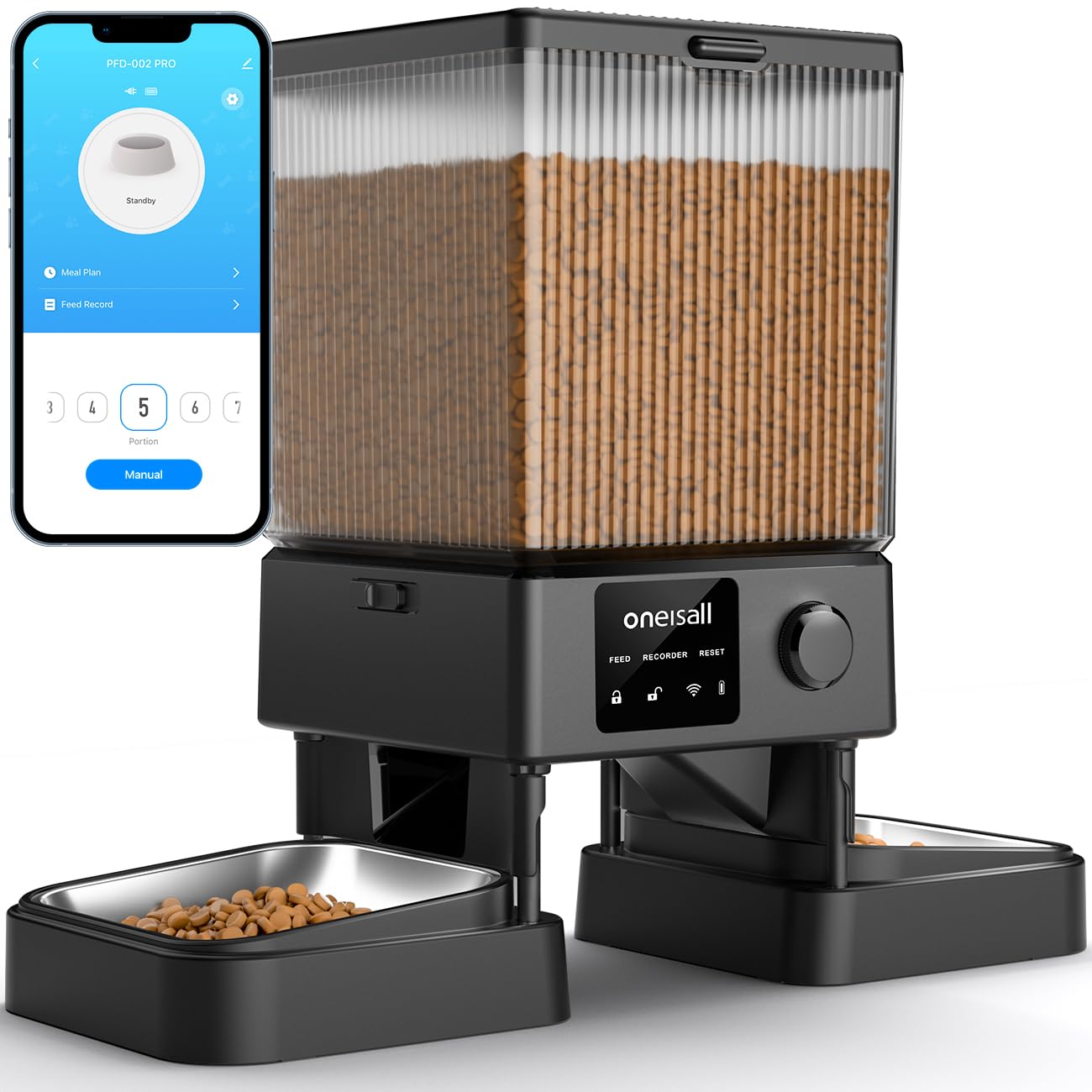 oneisall Automatic Cat Feeder with 5G WiFi, Automatic Cat Food Dispenser for 2 Cats Small Pets, 20 Cups/5L Timed Dry Food Dispenser with APP Control