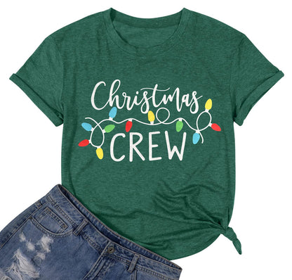 Christmas Shirts for Women 2025 Christmas Crew Shirt Xmas Lights Graphic Tshirt Holidays Short Sleeve Tops Green M