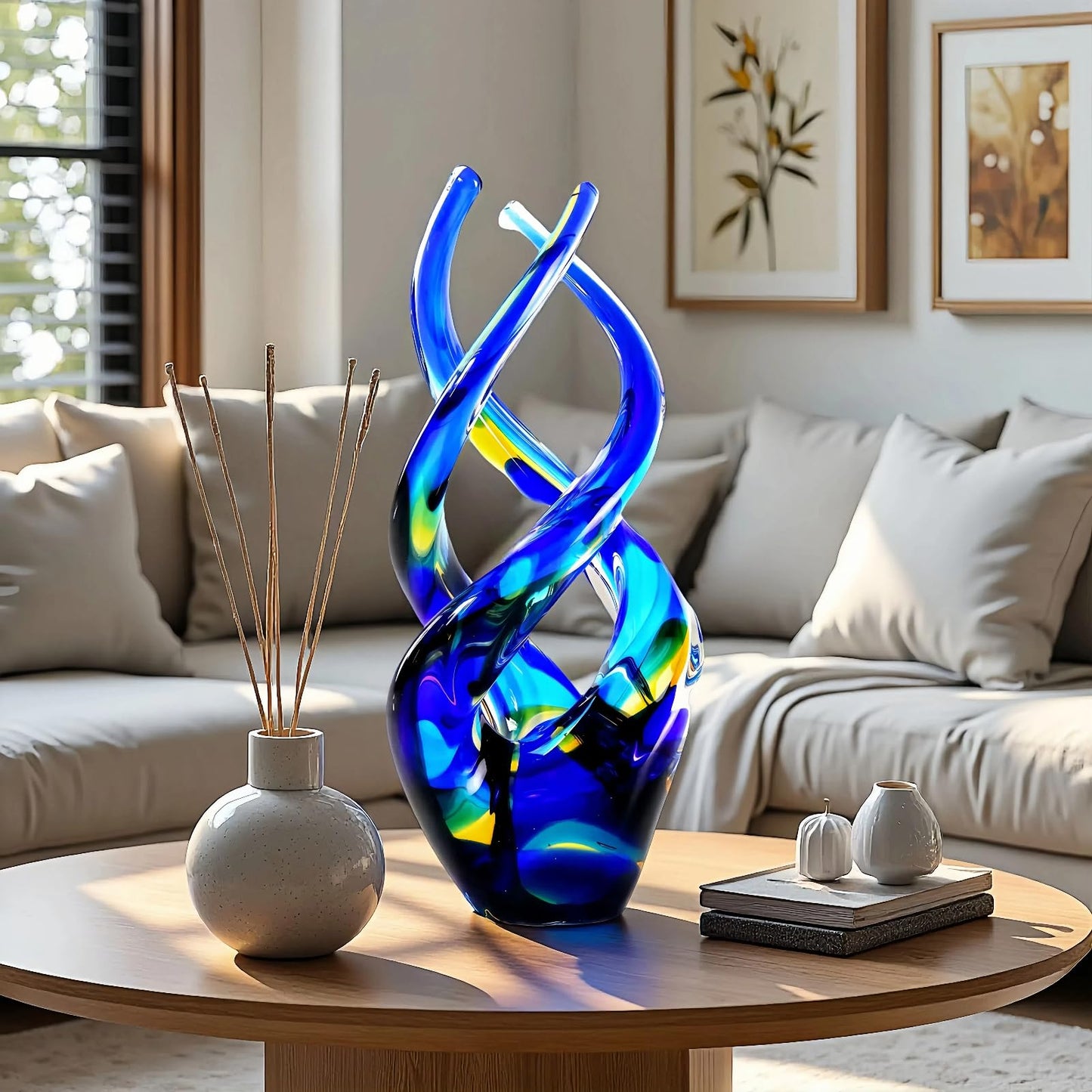 Mysphex Hand Blown Glass Decor - Cobalt Blue Glass Sculpture - Ocean Theme Spiral Kinetic Figurine, Light Reactive Gradient Decor for Home Office Garden, Ideal Gift for All Occasions