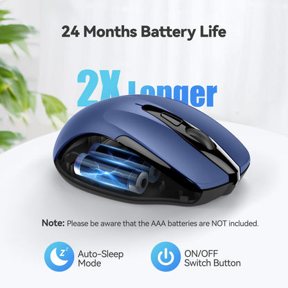 TECKNET Wireless Mouse, 2.4G Ergonomic Optical Mouse, Computer Mouse for Laptop, PC, Computer, Chromebook, Notebook, 6 Buttons, 24 Months Battery Life, 2600 DPI, 5 Adjustment Levels
