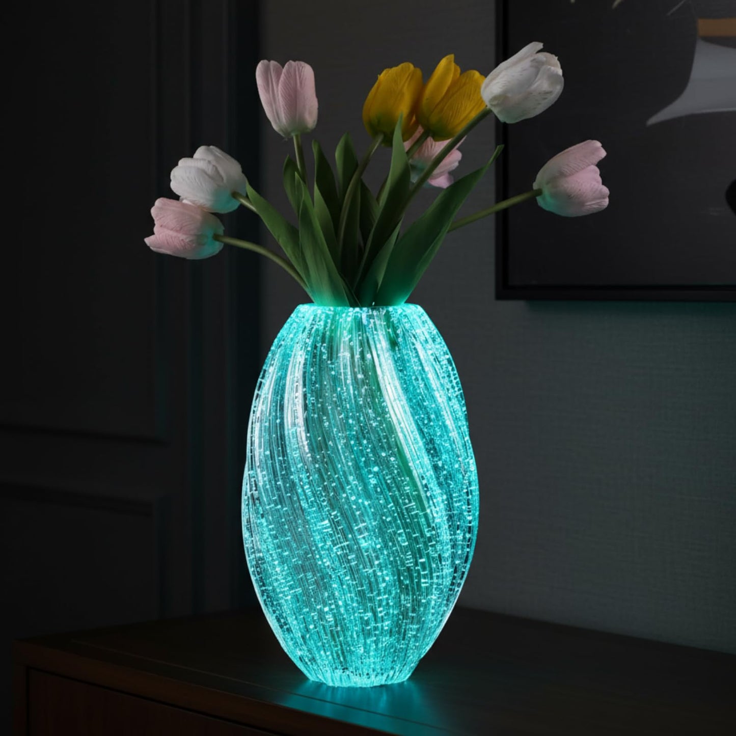 Ferrochef Handmade Glass Flower Vase Luminous Waves Decorative Modern Art Mouth Vase Home Decor Rustic Floral Arrangement Centerpiece for Living Dining Room Fireplace(Oval)