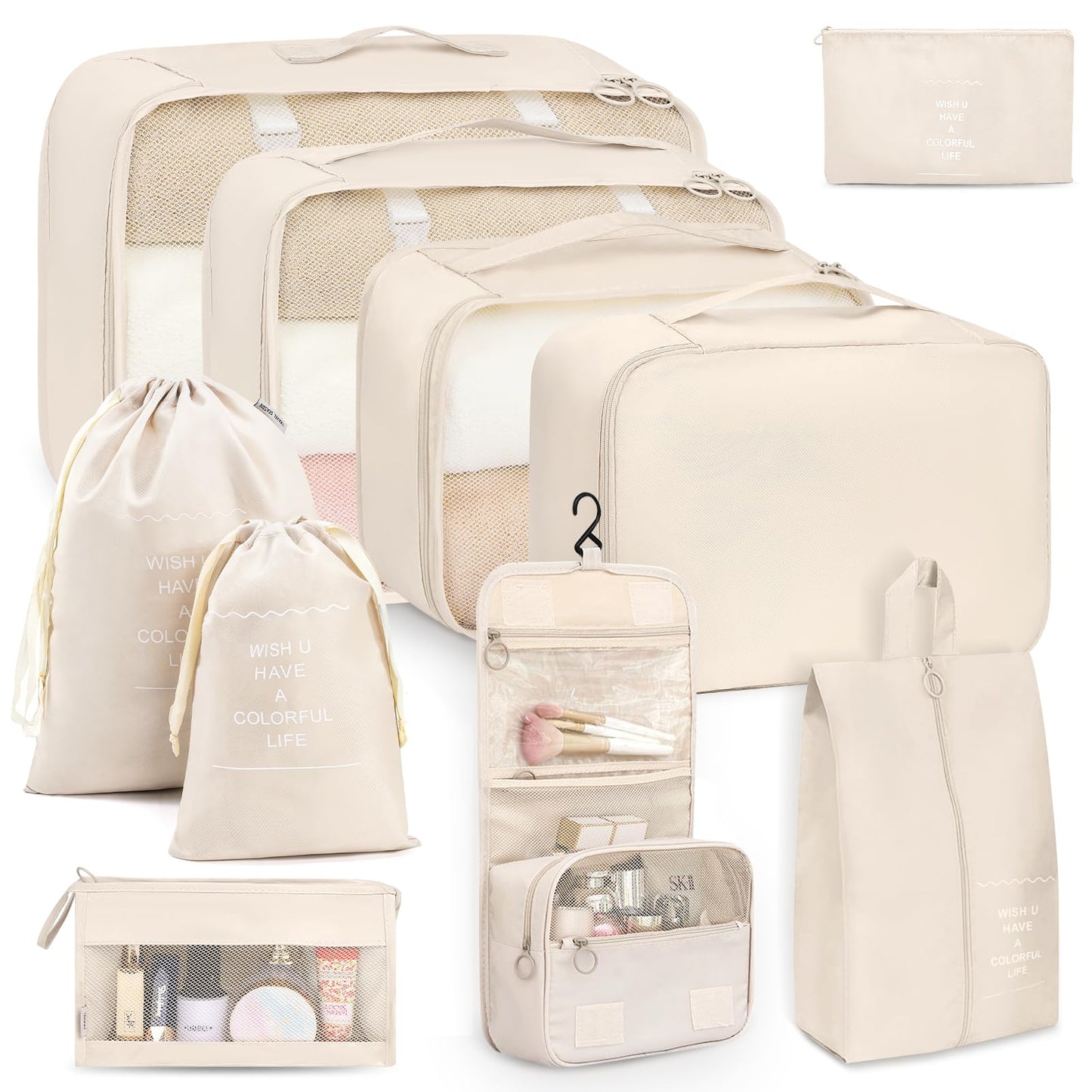 Packing Cubes for Suitcase, 10 PCS Travel Luggage Organizers, Travel Essentials, Waterproof Packing Organisers, Luggage Organizer Bags, Beige