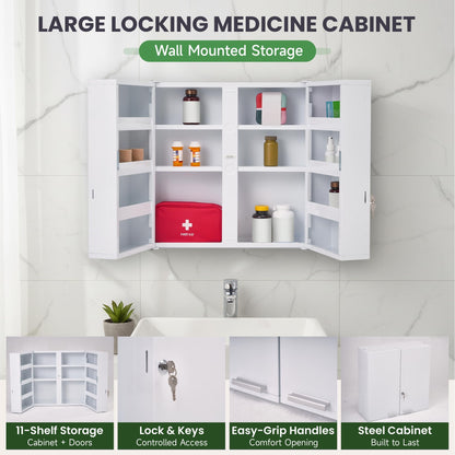 Mount Brook Large Locking Medicine Cabinet Wall Mounted - Metal Medical Cabinet with 11 Shelves - Medicine Cabinet with Lock and Keys for Safe Medication Storage