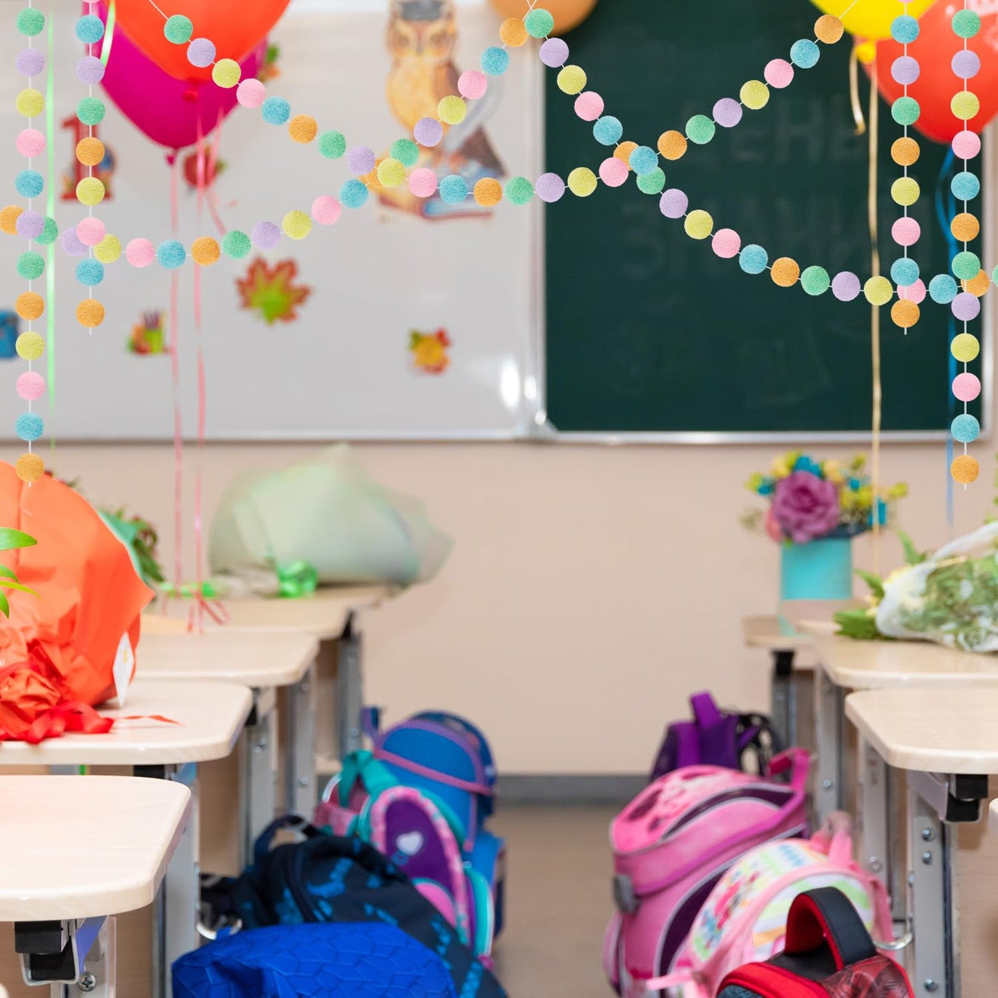 WILLBOND 2 Pieces Wool Felt Rainbow Ball Garland Colorful Pom Pom 6.5 ft Long 24 Ball Garland for Easter Mardi Gras Classroom Halloween Thanksgiving Xmas (Pastel Colors)