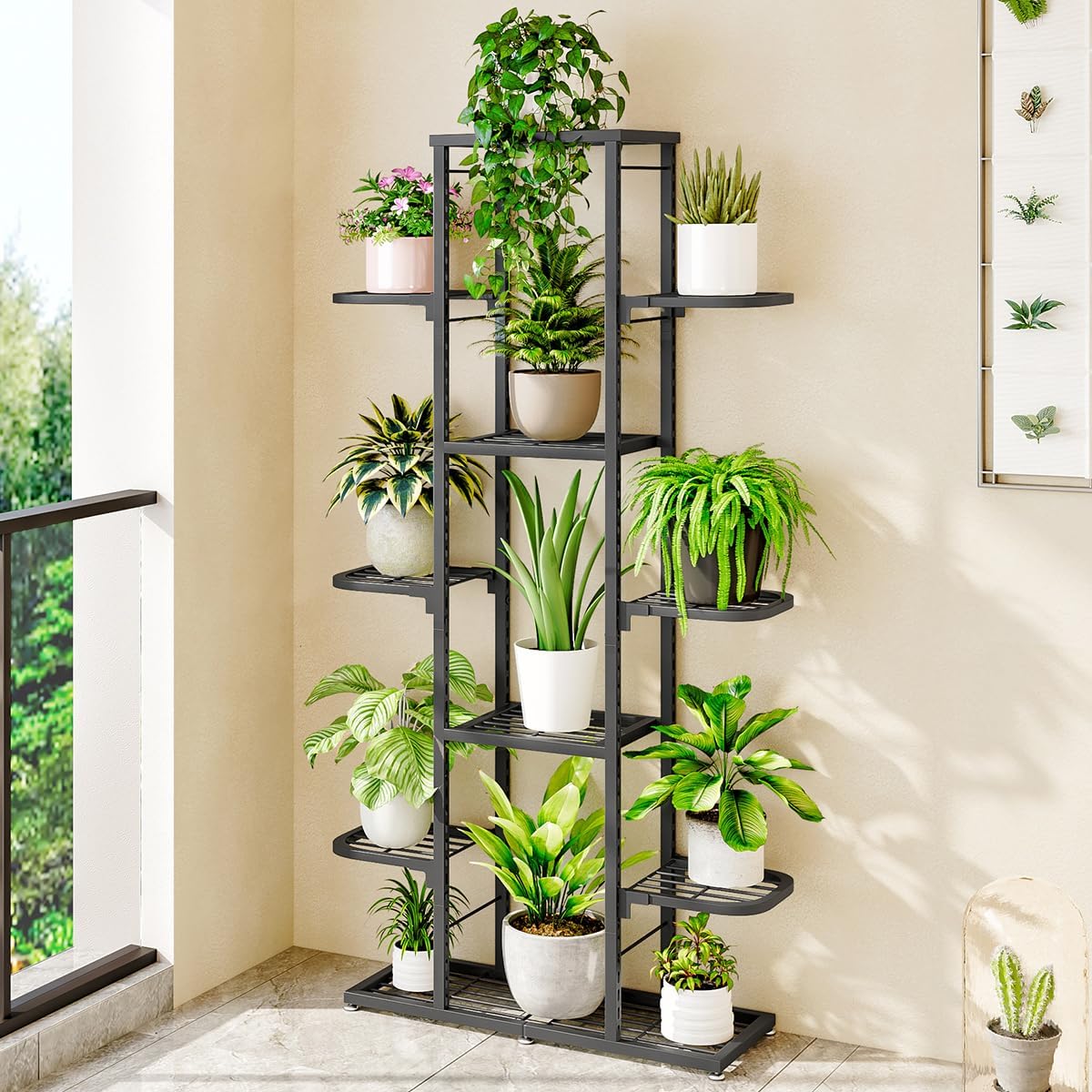 Space-Saving Metal Plant Shelf - 7-Tier Heavy-Duty Corner Stand for Indoor & Outdoor Use, Waterproof Display Rack for Living Room, Balcony, Patio - Durable Home Hardware Bracket, Dark Gray, 7 Layers