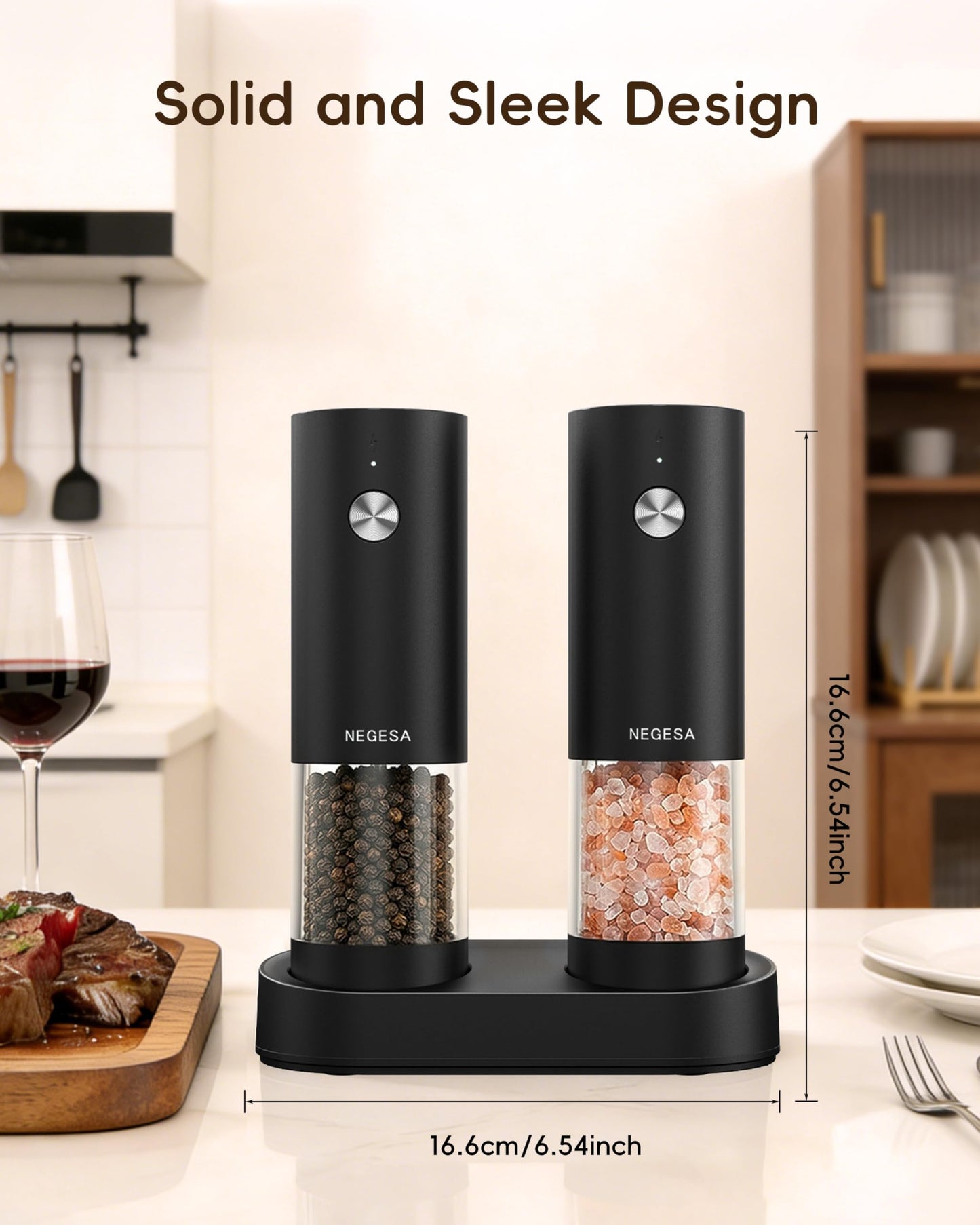 Electric Salt and Pepper Grinder Set, Rechargeable USB Base, Automatic One-Hand Operation, 6 Adjustable Coarseness, 140ml Capacity, LED Light, Refillable for Kitchen, Housewarming Gift
