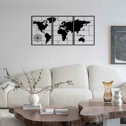 DUOOLN 3-Piece Metal World Map Wall Decor Art, Abstract Minimalist Hanging Sculpture, Travel Enthusiast Gift, Perfect Travel-Themed Artwork, Home Office Hotel Decoration - Black, 33.8“ W x 15.7” H / 86x40cm