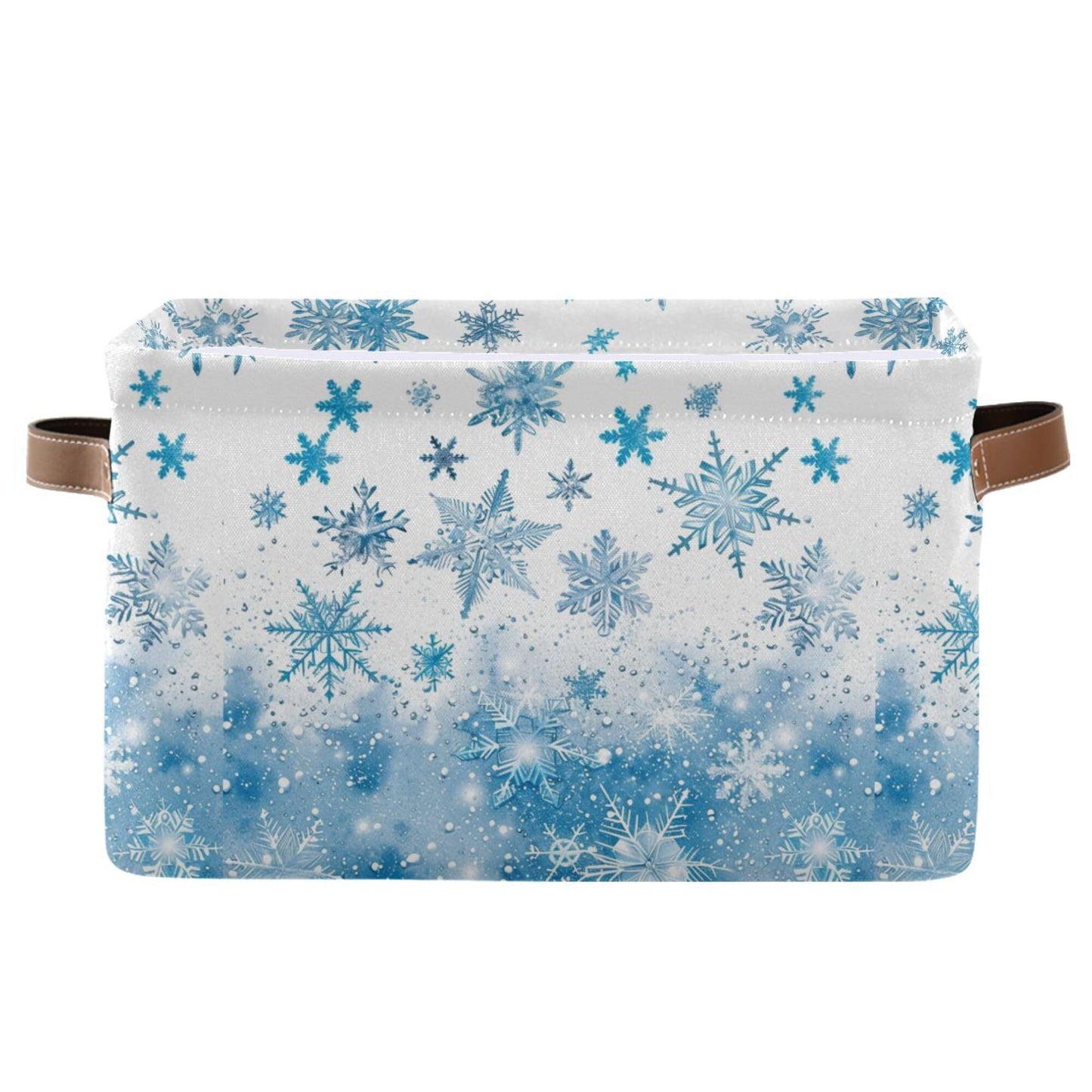 Winter Snowflake Blue Storage Basket with Waterproof Liner and PU Handles White Christmas Holiday Xmas Storage Boxes 14.2" Collapsible Decorative Organizer Baskets for Bedroom Closet Office 1 Pack