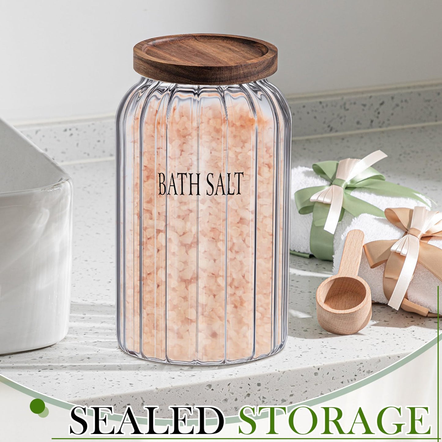 Maxdot 2 Pack 94 oz Large Bath Salt Container with Scoop Glass Bath Salt Jar with Wooden Lid, Large Bathroom Glass Jar Canister Airtight Storage Jars Bathtub Accessories for Bathroom Decor
