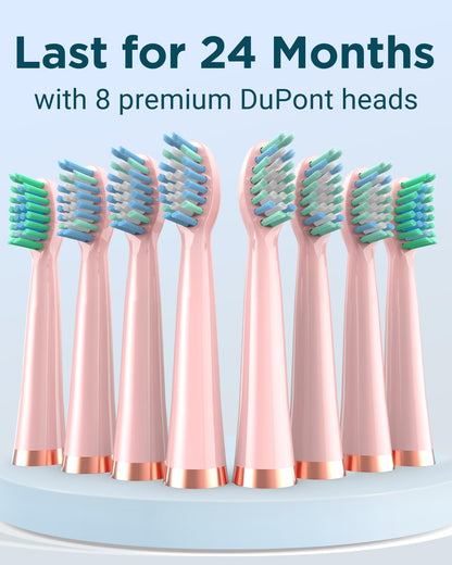 Rtauys M5 Sonic Electric Toothbrush for Adults and Kids - Rechargeable Electric Toothbrush Kids Ages 12+ and Adults with 8 Brush Heads & Travel Case, 120 Days Battery Life - Pink