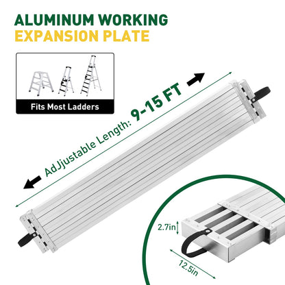 Garvee 9-15FT Aluminum Telescoping Work Plank, 12.5 inch Width Extension Plank, 440Lbs Capacity Extension Boards, Adjustable Scaffolding Plank with Skid-Proof Platform Scaffold Ladder Accessory