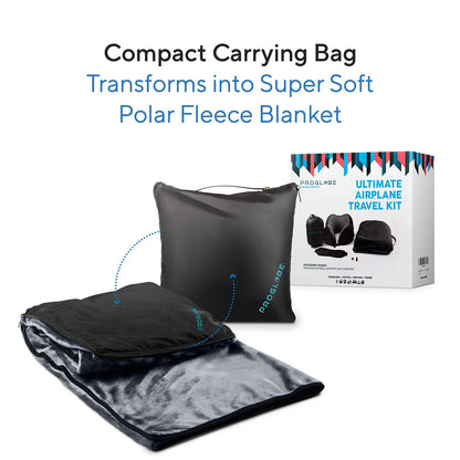 Proglobe Travel Blanket Luxury Travel Set, Ergonomic Airplane Neck Pillow 100% Memory Foam and Super Soft Fleece Blanket, Premium 3D Sleep Mask & Earplugs, Black
