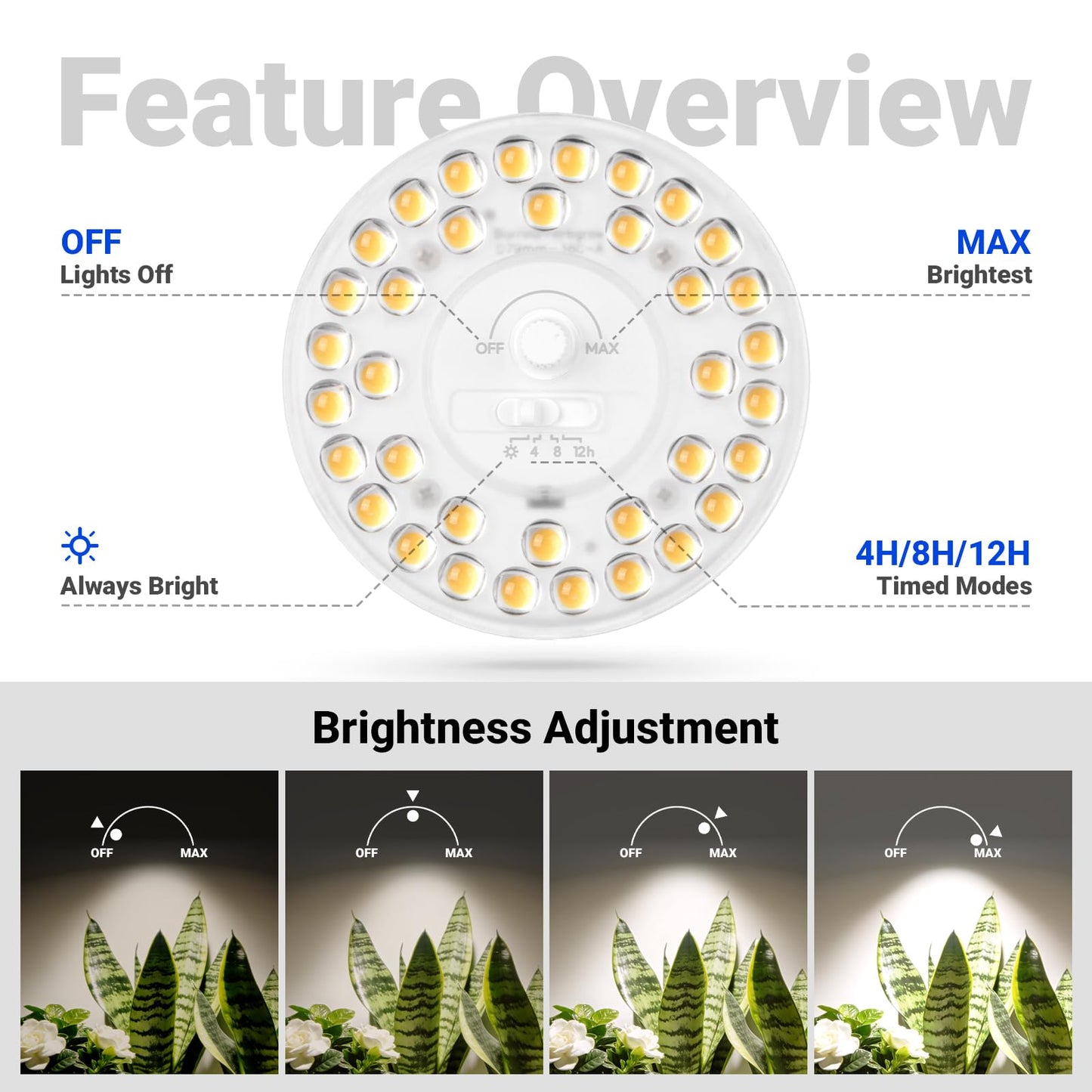 Barrina Orbgrow OG11A3 Clip On Grow Lights for Indoor Plants, Integrated Stepless Dimming & Timing, 4000K 33W(3 x 11W, 300 Watt Equiv), Full Spectrum 3-Gooseneck with E26 Plant Light Bulbs