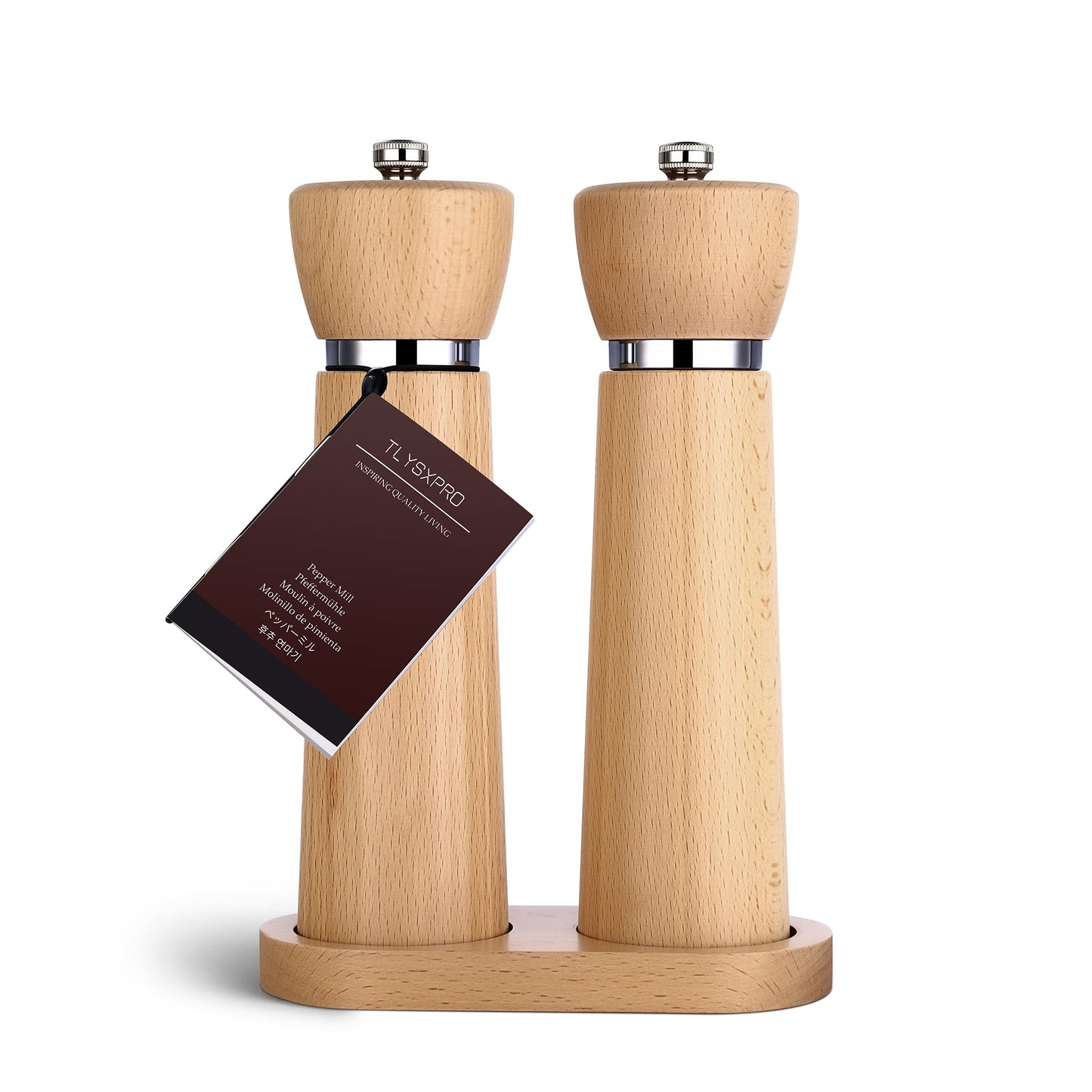 TLYSXPRO Wooden Salt and Pepper Grinder Set – Refillable Salt and Pepper Mill with Adjustable Upgraded Large Size Ceramic Burr – Manual Pepper Grinder with Beech Wood Body – 8.3” Tall
