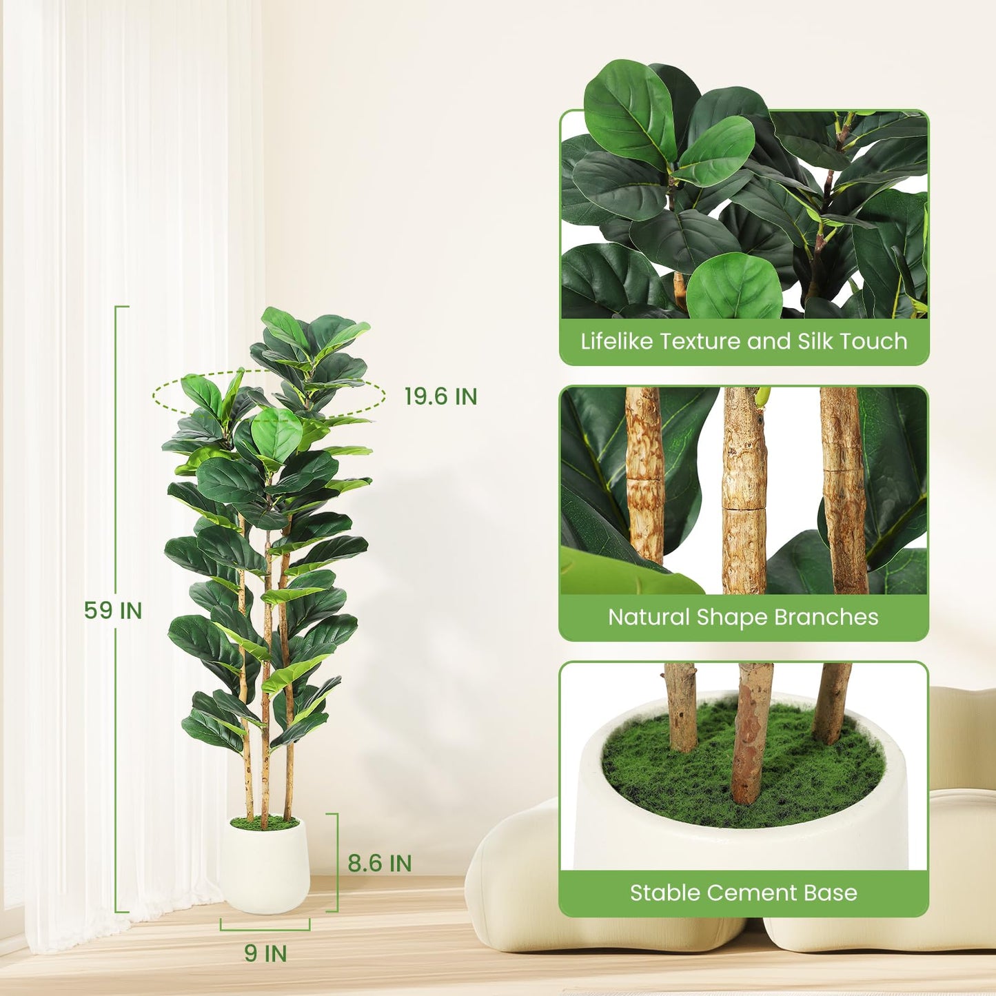 Garvee Artificial Fiddle Leaf Fig Tree with White Planter, 5 ft Tall Fake Plant with Natural Wood Trunk, Faux Ficus Tree Potted Moss for Home Office Living Room Decor
