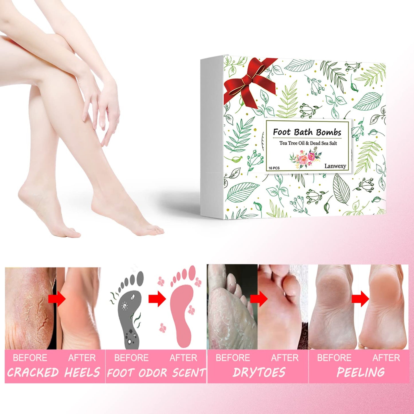 Lanwexy Bath Foot Bombs, 16 Pack Foot Soak with Bath Salt and Tea Tree Oil for Christmas. Organic Natural Handmade Aroma Pure Essential Oil Bubble Feet Balls for Foot Callus, Stubborn Feet Odor Scent.