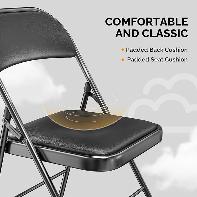 VINGLI 4 Pack Folding Chairs with Padded Seats, Metal Frame with Pu Leather Seat & Back, Capacity 350 lbs, Set of 4, Black