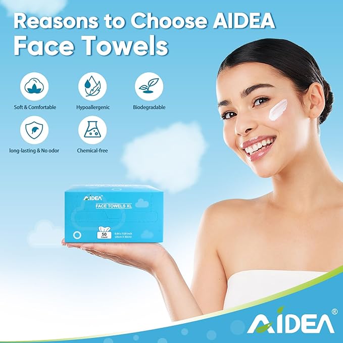 AIDEA XL Face Towels Disposable-100Ct, Clean Facial Cloths, Facial Cleansing