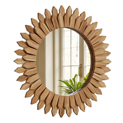 VETROVUE 24 Inch Brown Boho Wall Decor Sunburst Mirror - Round Wooden Wall Decor, Handmade Rustic Circular Mirror for Living Room, Bedroom, Entryway, Office