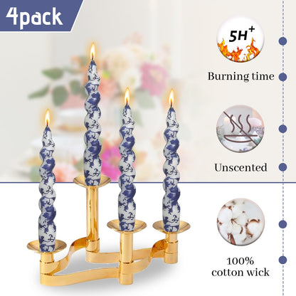 Short Taper Candle Blue and White Floral Spiral Candlesticks Print Handmade Tapered Candles 7.5 Inch Twisted Candle for Home Wedding Dinner Party Decor- Set of 4