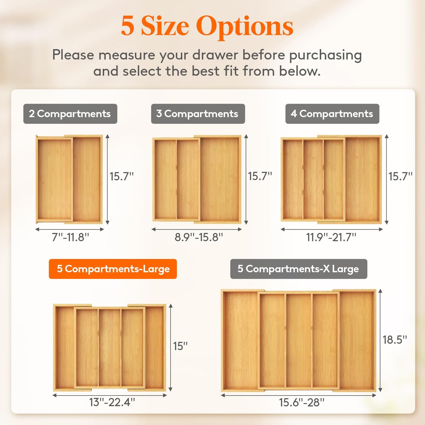 Lifewit Utensil Organizer for Kitchen Drawer, Expandable 13 to 22.4 Inches Wide, Adjustable Cooking Silverware Tray, Bamboo Cutlery Flatware Holder, Spatula Tools and Gadgets Storage Divider, Natural