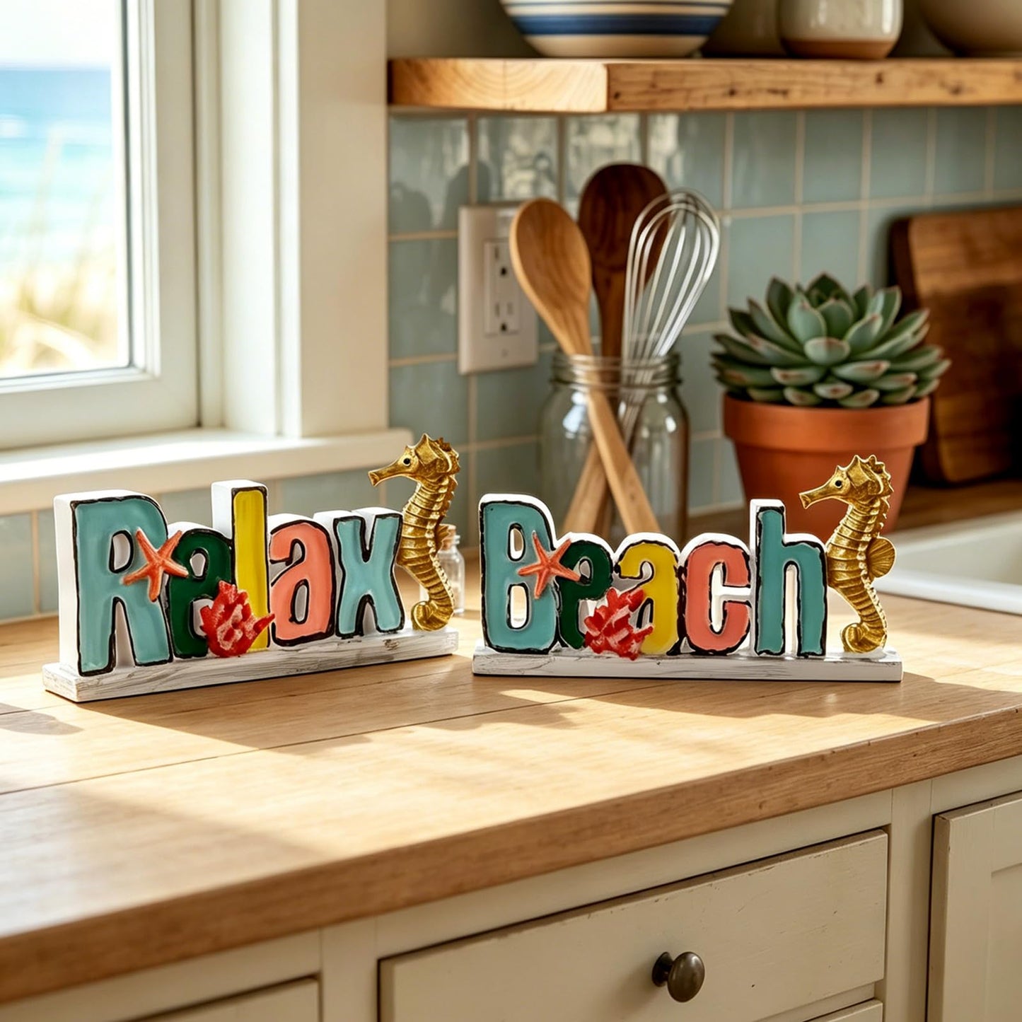 Novabright 2 Pcs Resin Beach Relax Sign, 3.9" Beach Decorations for Home with Seahorse Starfish Coastal Tabletop Figurines for Bathroom Desk Shelf Ocean Theme Home Decoration