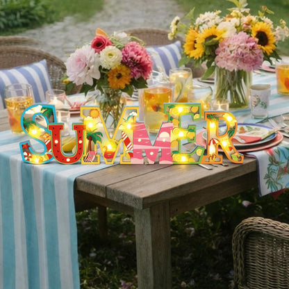 Geetery Summer LED Wooden Sign Watermelon Wooden Words Sign Tabletop Centerpiece Decor Beach Decorations for Summer Table Home Indoor Party