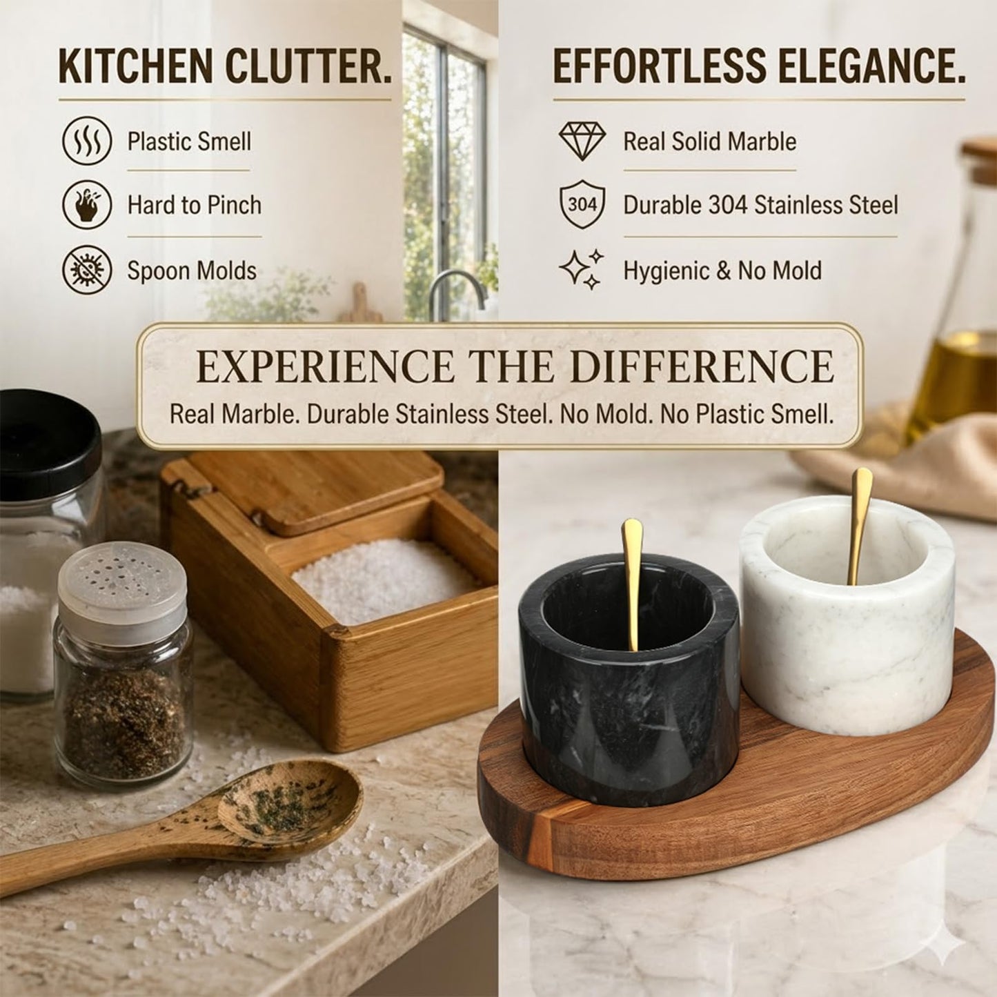 FoldTier 2 Pcs Salt and Pepper Bowls with Spoons on Wooden Tray Marble Salt and Pepper Containers Set with Base for Countertop, Modern Kitchen Black White Storage Decorations