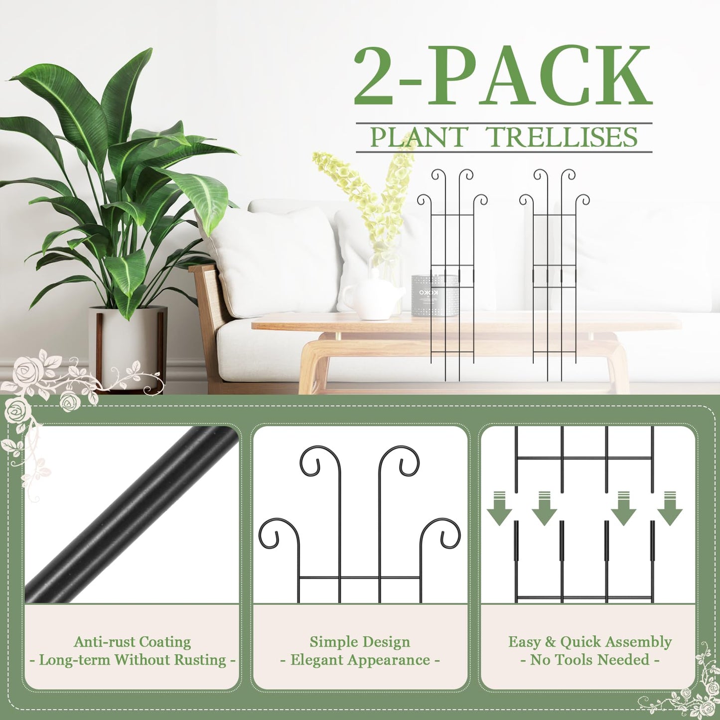2 Set 32'' Taller Plant Trellis for Climbing Plants Indoors & Outdoor, Garden Metal Trellis Plant Support for Potted Plants, Houseplants, Flowers Vine, Ivy, Pothos, Monstera