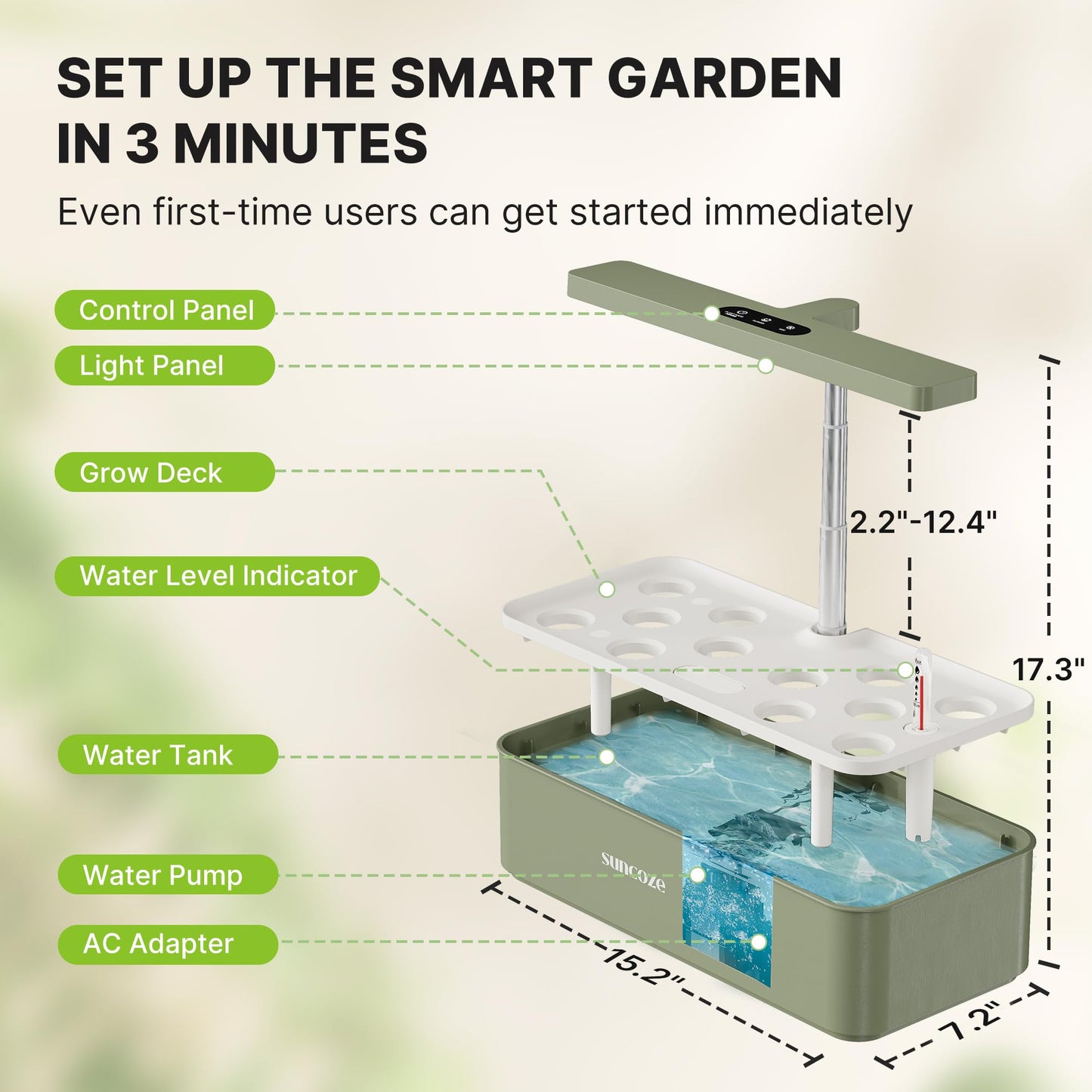 SUNCOZE Hydroponics Growing System Kit 12 Pods, 24W LED Grow Light Indoor Garden, 4L Water Tank with Quiet Pump, Adjustable Height Herb Garden Planter Indoor Kit, Gardening Gifts, Green