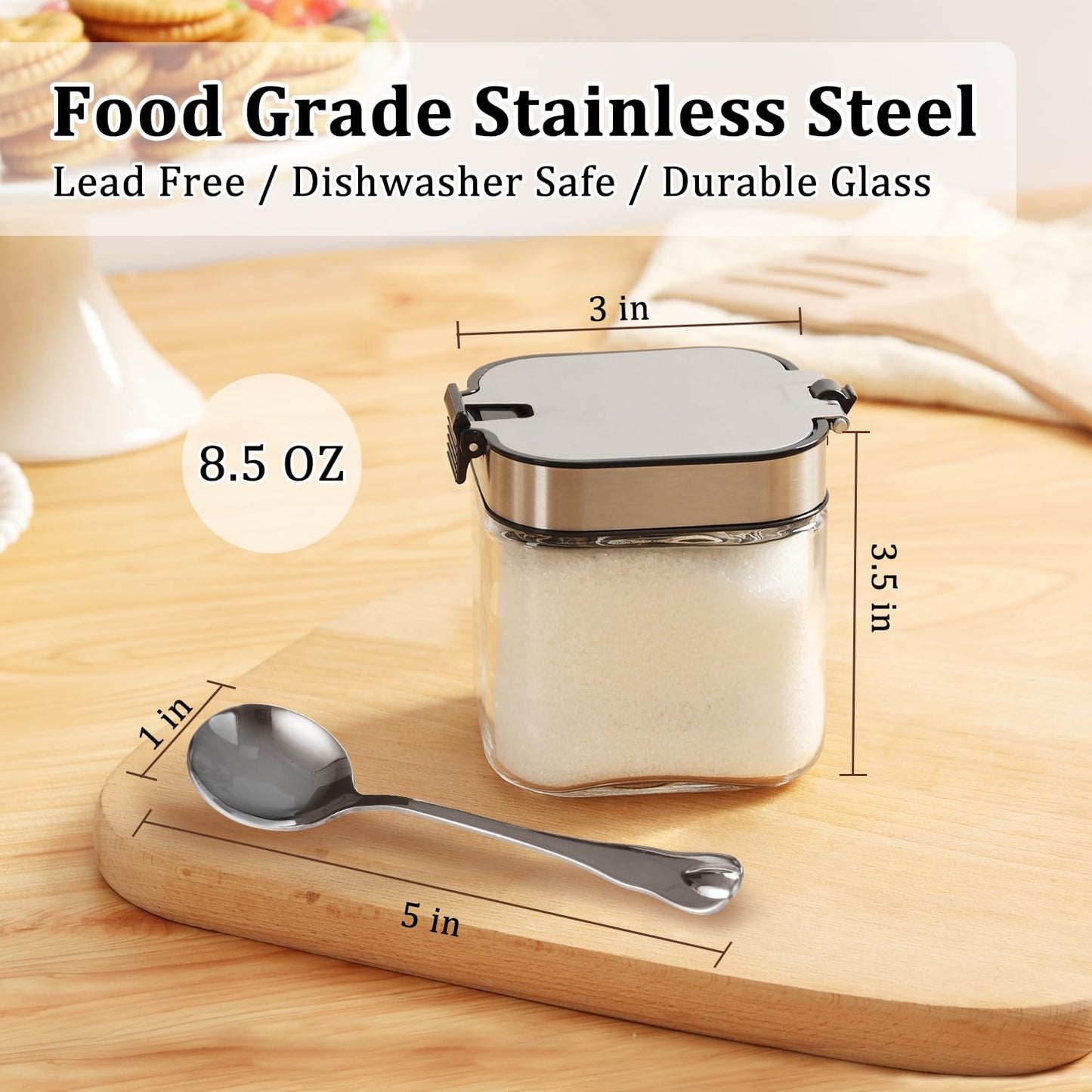 Aelga Glass Sugar Bowl with Lid and Spoon, 8.5 OZ Sugar Container Stainless Steels Flip Lid, Salt Container for Kitchen, Coffer Bar Accessories, Countertop, 2 Pack